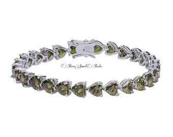 Natural Cut Moldavite Gemstone Tennis Bracelet In 925 Silver & Gold Heart Shape Moldavite Bracelet Moldavite  Anniversary Gift For Her