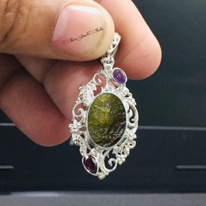 Natural Raw Moldavite Pendant In Sterling Silver, Anniversary Pendant, Oval Shape Pendant, Women&#39;s Jewelry, Authentic Moldavite Pendant