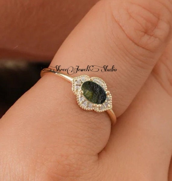 Vintage Antique Natural Raw Moldavite Engagement Ring for Women in