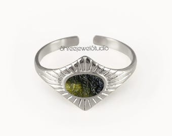 Moldavite Ring, Oval Moldavite Ring, Unique Moldavite Ring, Meteorite Ring, Authentic Moldavite, Handmade Ring, Promise Gift Ring