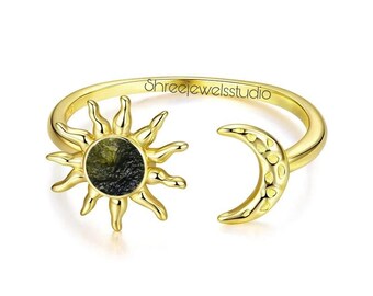 Natural Raw Moldavite Sun-Moon Ring In Sterling Silver, Engagement Ring, Moldavite Jewelry, Anniversary Gift, Gift For Her, Adjustable Ring