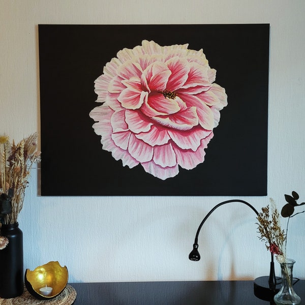 Peinture acrylique - "Pivoine" - pivoine - noir - rose - rose