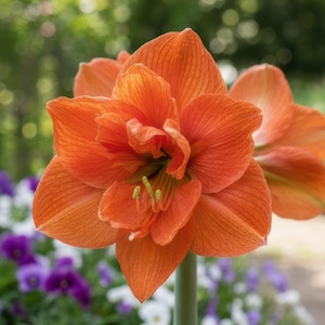May include: Close-up of a vibrant orange amaryllis flower in full bloom. The petals are layered and textured, with a slight gradient of color. The flower is set against a blurred background of green foliage and other colorful flowers.