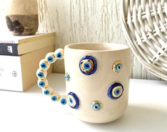 Handmade Ceramic Evil Eye Coffee Mug, Modern Espresso Cup