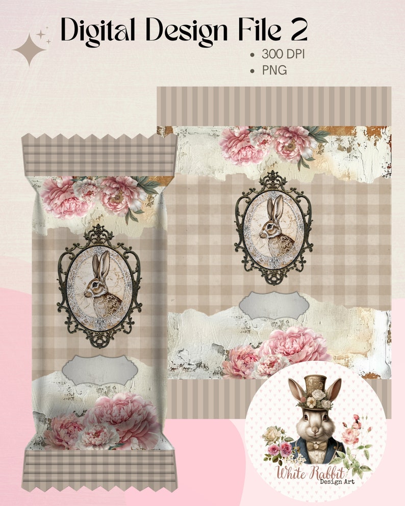 Vintage Peony Bunny Rabbit Chocolate Wrapper - Digital Download - 80g ...