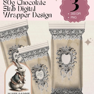 Puede incluir: Diseño digital para un envoltorio de tableta de chocolate de 80g. El diseño presenta una estética vintage con una ilustración de conejo blanco, marcos ornamentados y detalles de encaje. El texto incluye "Gracias" y "Feliz Cumpleaños".