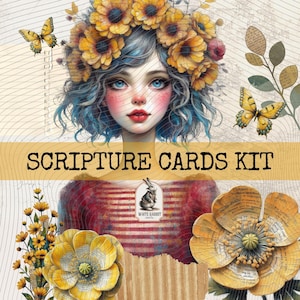 Può includere: Illustrazione digitale di una donna con capelli blu e una corona floreale. L'immagine include farfalle e fiori gialli, con il testo "SCRIPTURE CARDS KIT" e un logo "WHITE RABBIT".