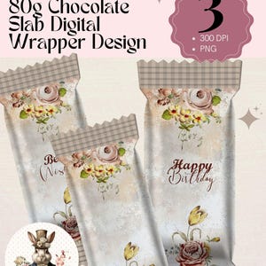 Vintage Florals Happy Birthday - Best Wishes Printable 80g Chocolate Slab Wrapper - Chocolate Custom Wrapper Digital Designs