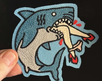 Scary Shark Traditional Tattoo Flash Chainstitch Embroidery Patch
