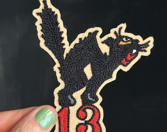 黒猫 ラッキー13 トラディショナルタトゥーフラッシュ チェーンステッチ刺繍パッチ