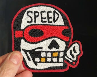 Bert Grimms Smokin SPEED Skull Tattoo Flash Chainstitch Embroidery Patch