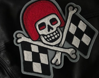 Biker Skull and Crossbones w Checkered Flag Chainstitch Embroidery Patch