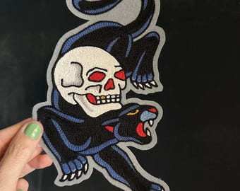 パンサーとスカルのタトゥーフラッシュチェーンステッチ刺繍パッチ
