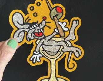 酔っ払いネズミのタトゥーフラッシュチェーンステッチ刺繍パッチ