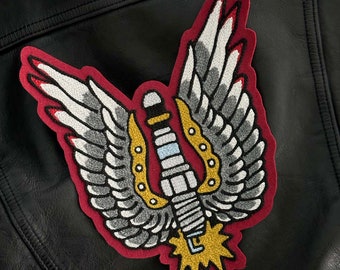 Spark Plug with Traditional Wings Chainstitch Embroidery Patch