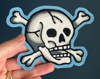 Traditional Skull and Crossbones Chainstitch Embroidery Patch