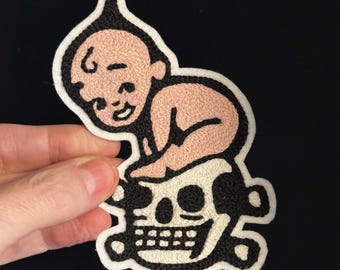 Kewpie Sittin on a Skull Tattoo Flash Chainstitch Embroidery Patch