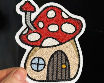 Mushroom House Tattoo Flash Chainstitch Embroidery Patch