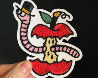 Apple and Worm Tattoo Flash Chainstitch Embroidery Patch
