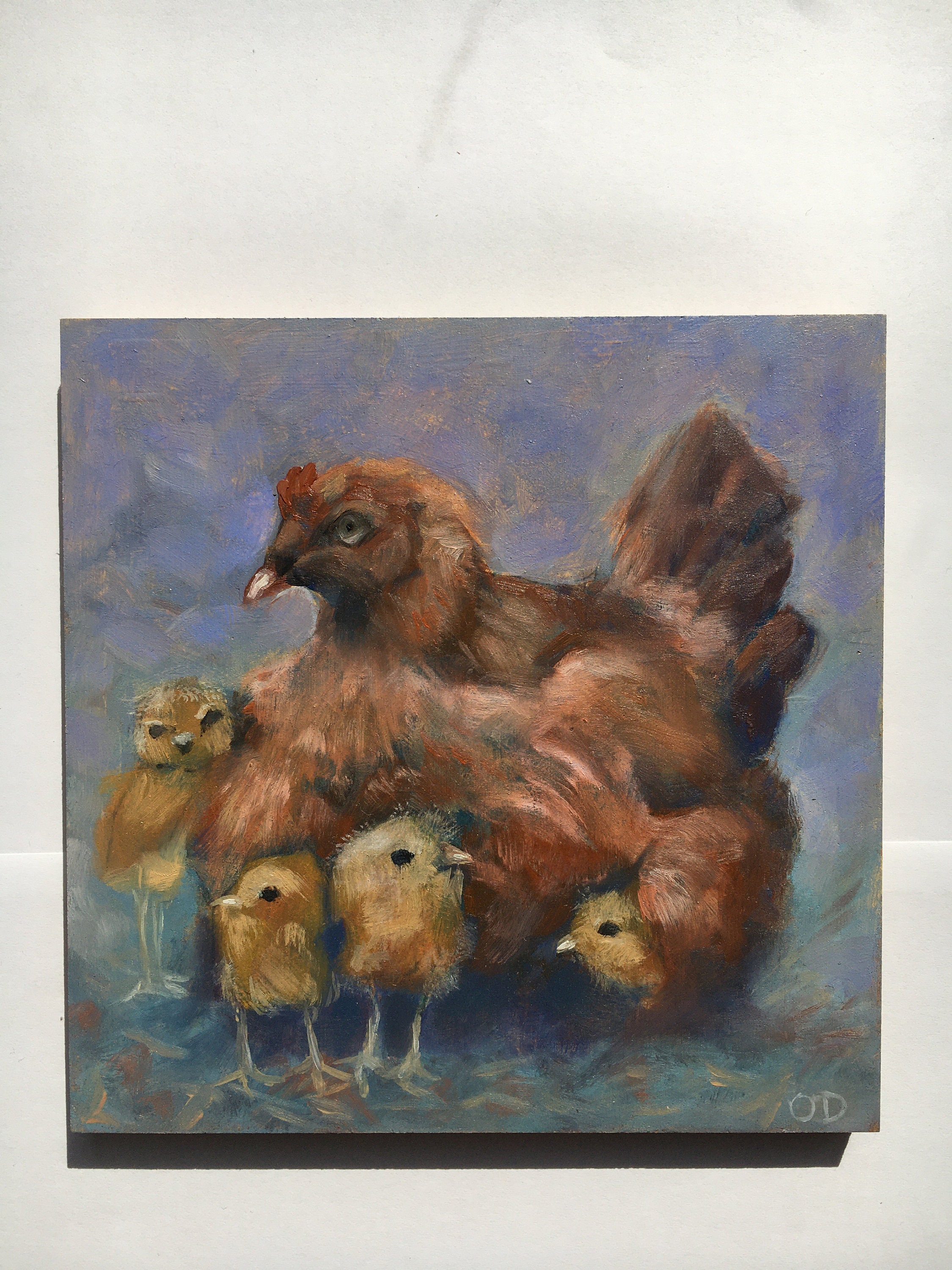 Peinture à L'huile Originale d'une Poule et de Ses Poussins