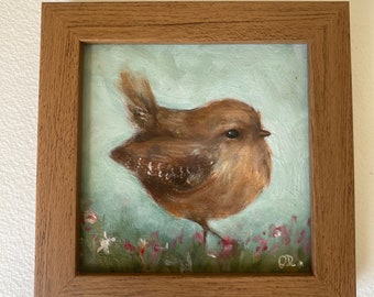 Wren original oil painting framed 4x4,Bird painting Mother’s Day gift