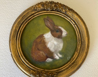 Tableau lapin vintage rond, peinture à l'huile originale encadrée, tableau lapin peint à la main, petit tableau vintage