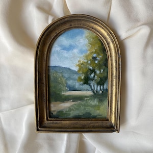 Original Arched Landscape Oil Painting Vintage Style Frame Unique Handmade Painting French Countryside Wall Art