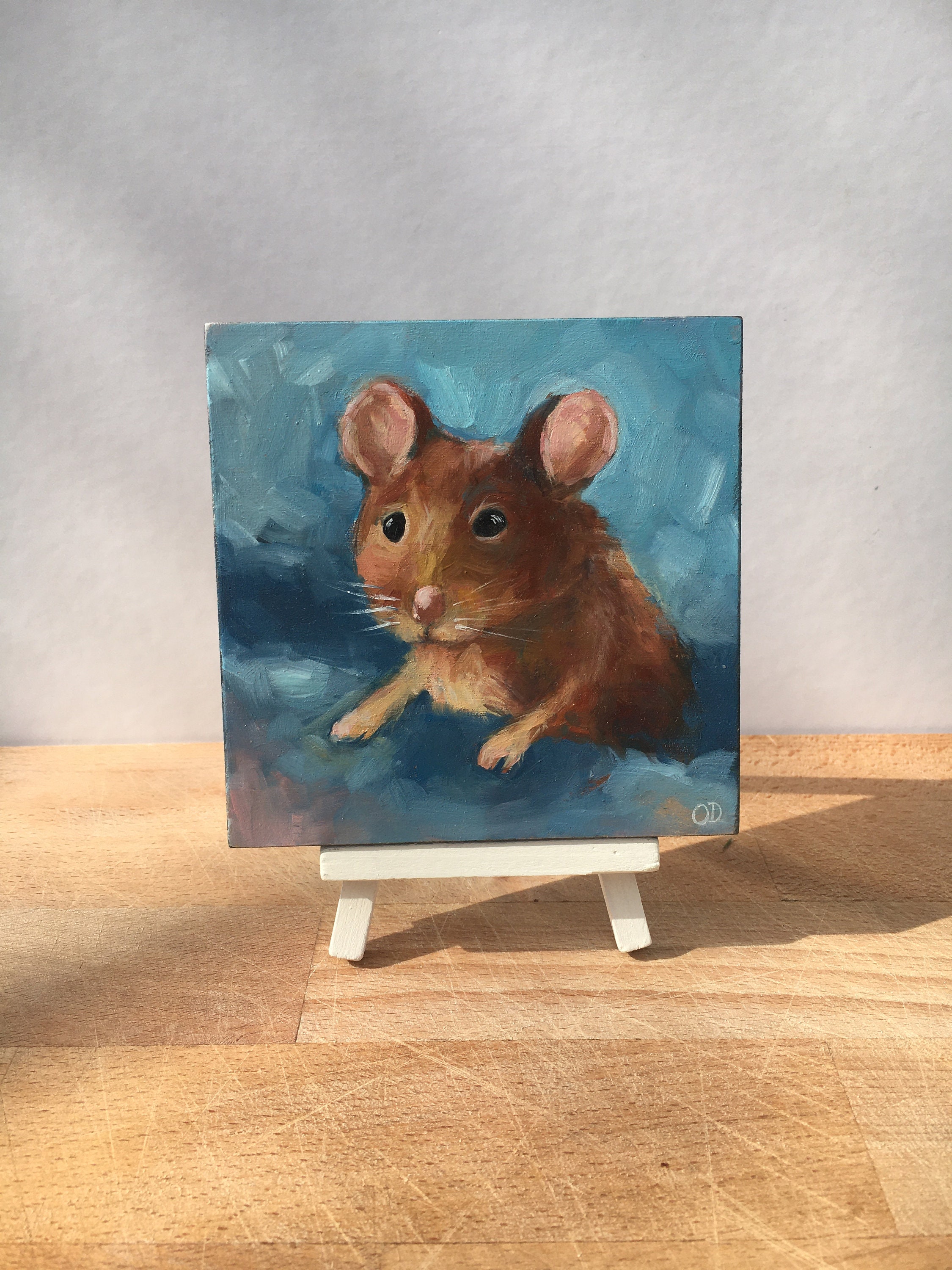 Peinture à L'huile Originale d'une Souris, Petite Peinture L'huile, d'animal sur Bois 4, 8 /4, 8 Fon