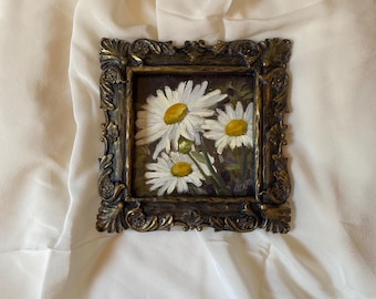Original Daisy Oil Painting, Antique Victorian Style Frame (6x6 inch)