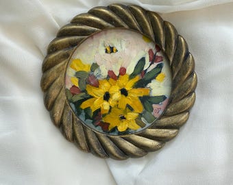 Pintura al óleo de abeja enmarcada, estilo vintage, obra de arte redonda pequeña
