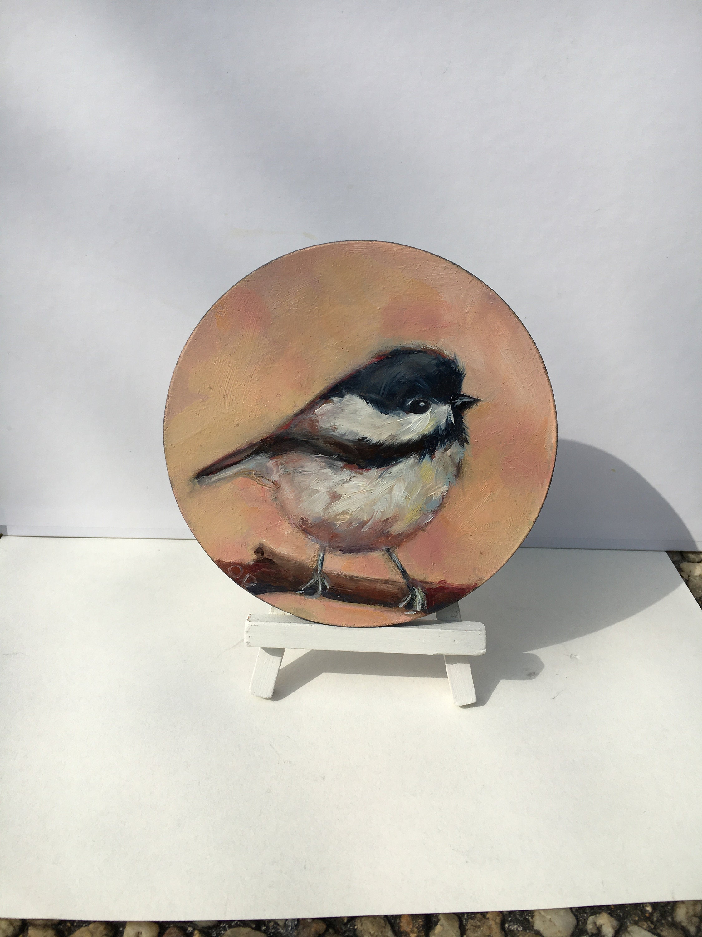 Peinture Ronde d'oiseaux de 10cms Large/Peinte à La Main sur Bois Peinture L'huile Originale d'un Oi