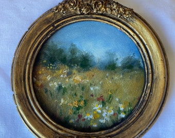 Framed original oil painting Landscape with vintage frame Small Round  Landscape painting