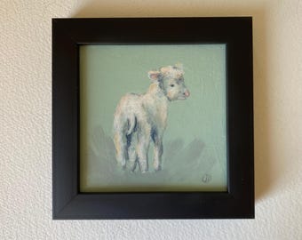 Framed Original Lamb painting/ sheep art/farm animal painting Small Lamb Art