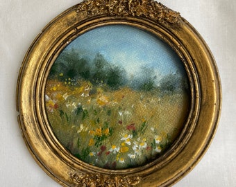 Peinture à l'huile originale encadrée Paysage avec cadre vintage Petite peinture de paysage ronde