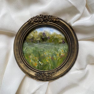 Framed original oil painting Landscape with vintage frame Small Round  Landscape painting
