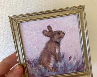 Original Rabbit oil painting/4x4 cute bunny rabbit painting