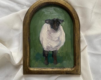 Arched Framed Vintage Style Original oil painting Sheep Small Painting