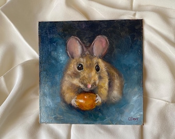 小さなネズミのオリジナル絵画、素敵なネズミの油絵、穴の中のネズミの