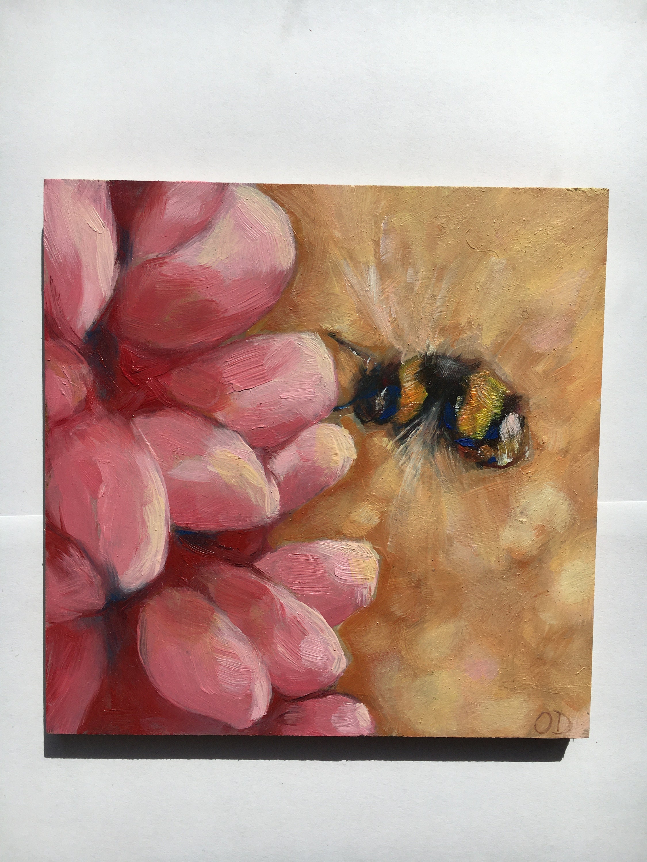 Peinture à L'huile Originale d'une Abeille et Fleur