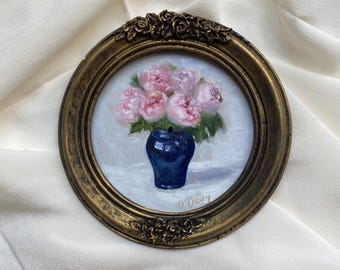 フランスのヴィンテージ花の油絵、青い花瓶のバラ、1930年代の署名入り