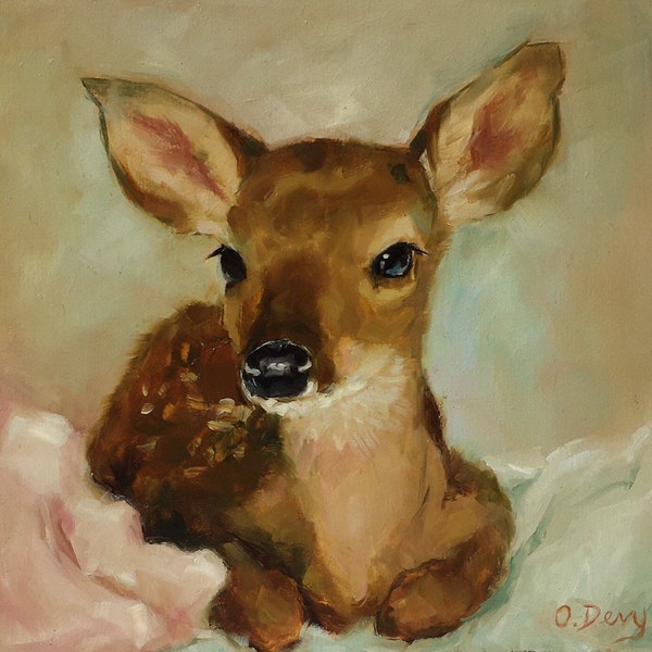 Deer painting Original fawn painting on wooden panel 8x8” Animal wall art Hand painted