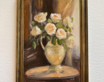 Original Floral Still life with Vintage Frame 4x6 Vintage Decor
