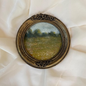 Framed original oil painting Landscape with vintage frame Small Round  Landscape painting