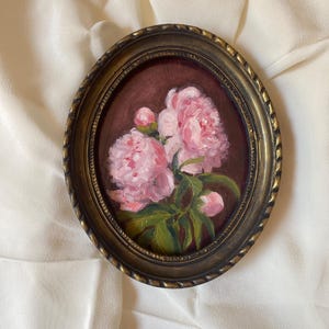 Original Peony Still Life oil painting in vintage oval frame Antique style Floral framed art