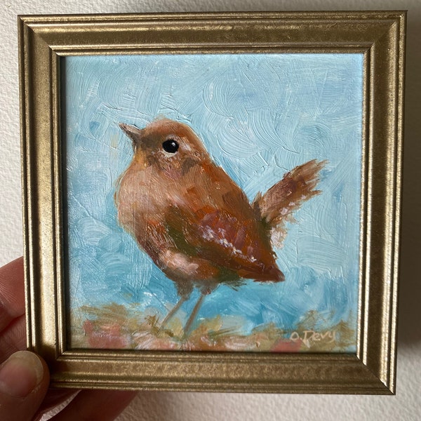 Oiseau troglodyte original peinture 4 x 4 encadré/peinture à l'huile oiseau