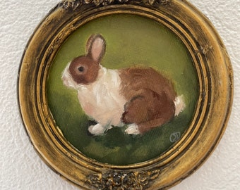 Round vintage bunny painting Original oil painting framed