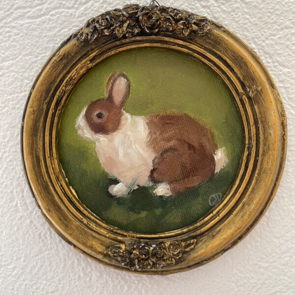 Peinture vintage ronde de lapin Peinture à l'huile originale encadrée