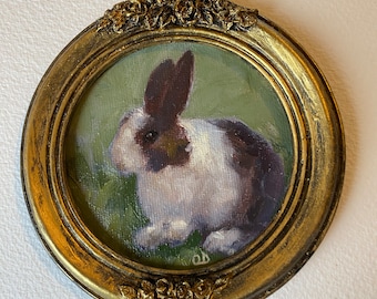 peinture à l'huile vintage de lapin, portrait de petit lapin encadré, art de lapin fait main, peinture ronde encadrée
