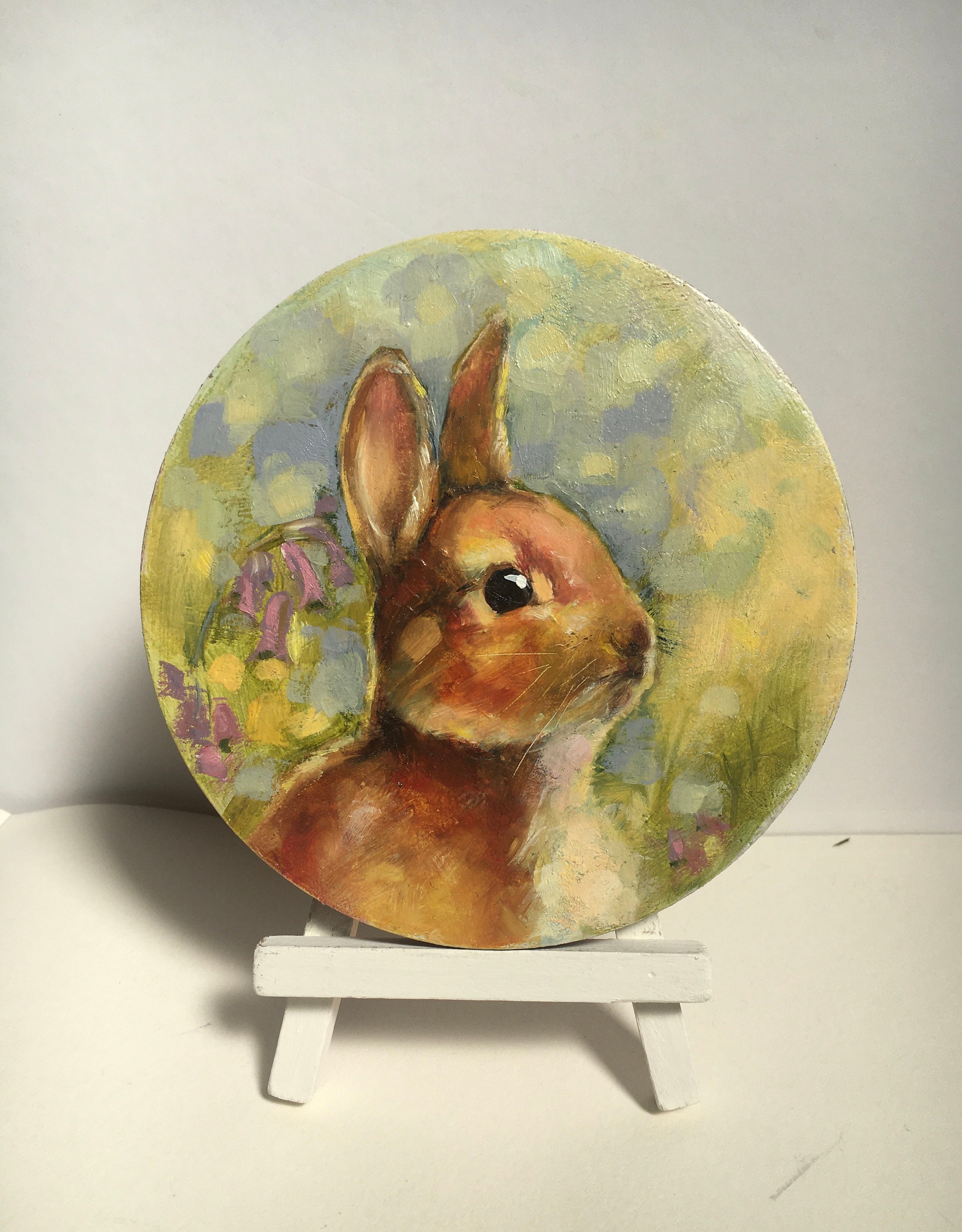 Peinture à L'huile de Lapin Originale, Décor Mural d'animal Miniature, Peinture Circulaire sur Bois,