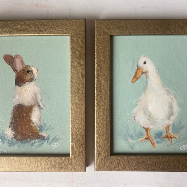 Vintage framed animal pair,original handmade rabbit painting,farm animal painting,original painting wall gallery,bunny art